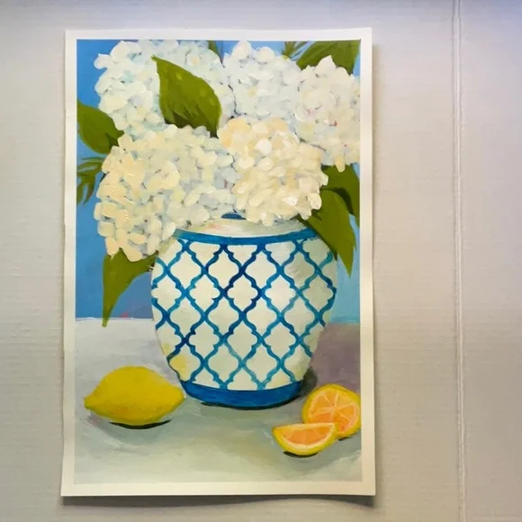 Farmhouse Style Hydrangea Painting White & Blue Vase Floral Decor Fashion Art - Picture 4 of 9